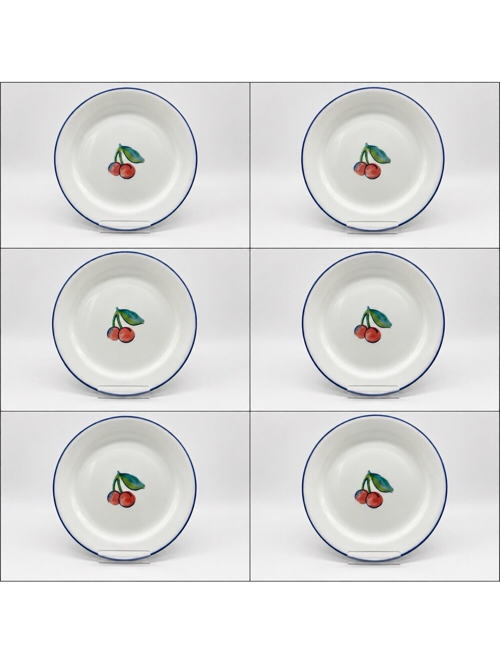 Vintage Corelle Fruit Basket Cherry 9” Plates Set of 6 Blue Rim Corning USA